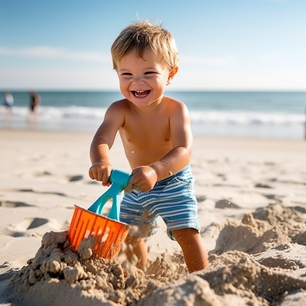 Niño de tiro completo jugando en la playa.