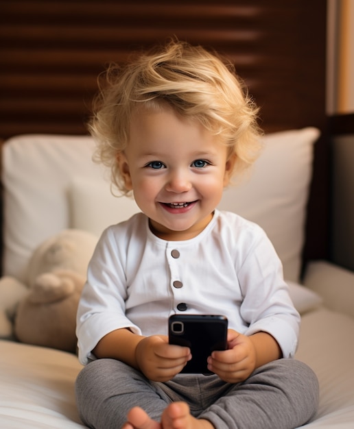 Niño de tiro completo usando un teléfono inteligente en interiores