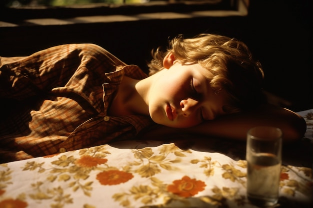 Foto gratuita niño de tiro medio durmiendo en la mesa.