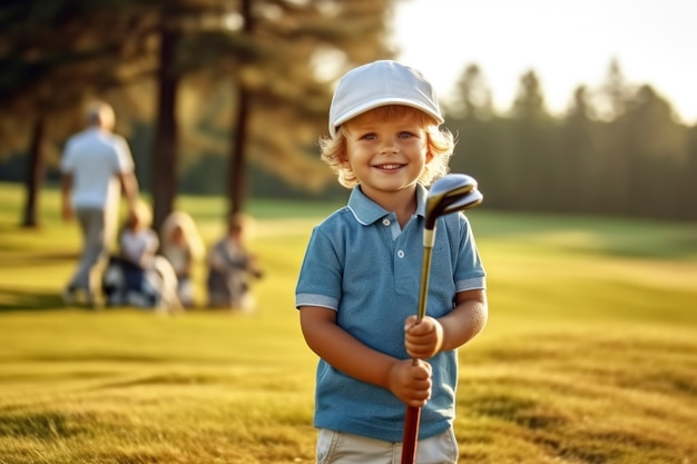 Niño de tiro medio jugando al golf en la naturaleza