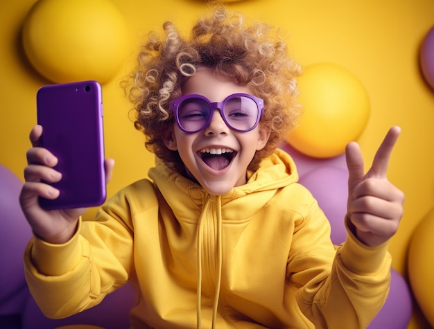 Foto gratuita niño de tiro medio con teléfono inteligente en el interior