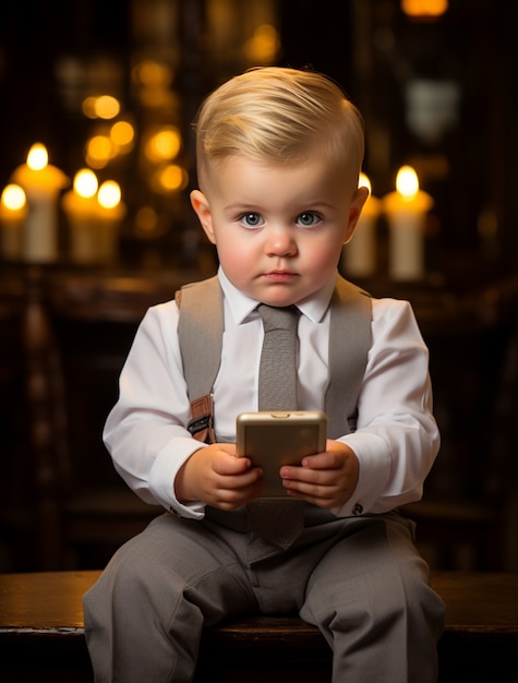 Niño de tiro medio con teléfono inteligente