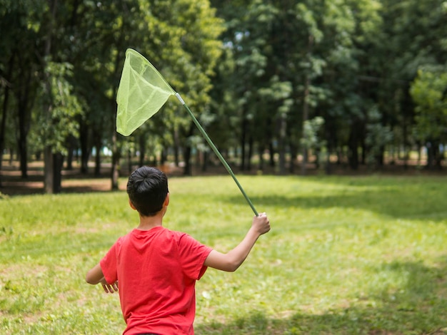 Niño tratando de atrapar mariposas en el parque