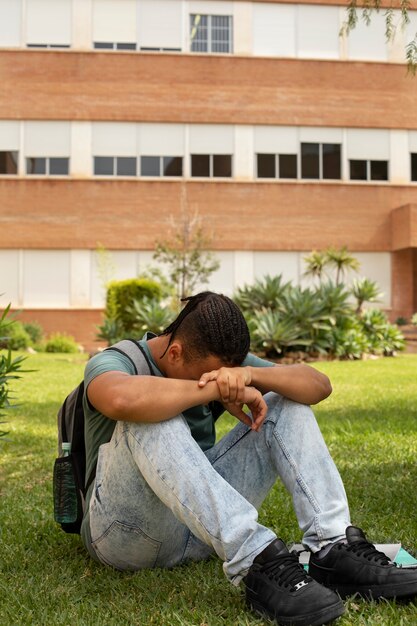 Niño triste de tiro completo sentado en la hierba