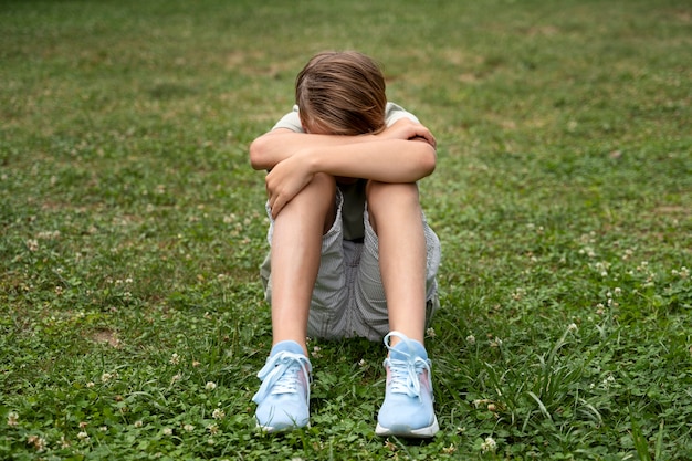 Foto gratuita niño triste de tiro completo sentado en la hierba