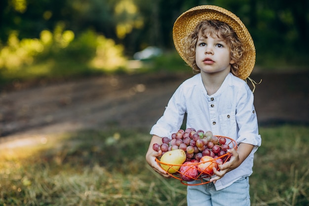 Foto gratuita niño con uvas en el bosque en un picnic