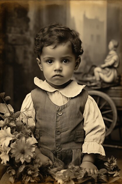 El niño de la vista delantera posando un retrato vintage