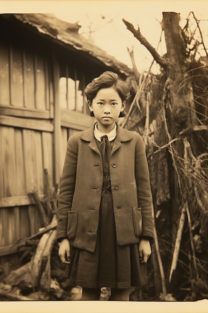 El niño de la vista delantera posando un retrato vintage