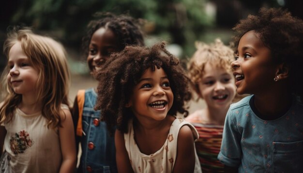 Niños alegres de diferentes etnias jugando juntos generados alegremente por IA