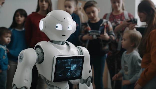 Niños aprendiendo con tecnología de brazo robótico futurista generada por IA