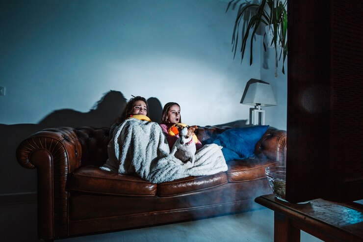Foto gratuito niños asustados viendo la película de terror