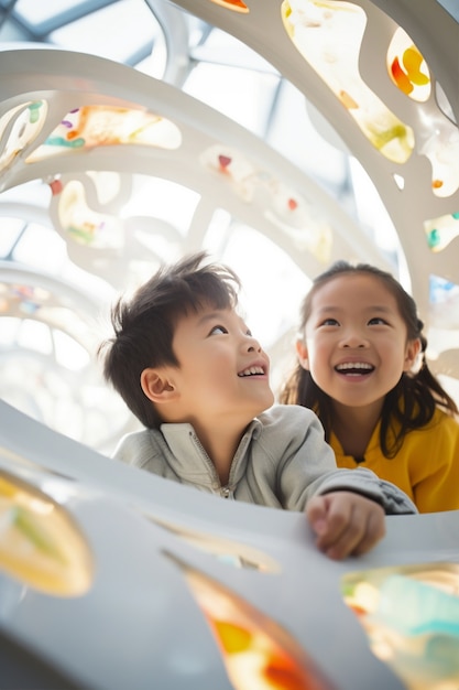 Niños en aula escolar futurista