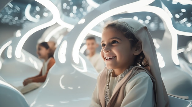 Foto gratuita niños en aula escolar futurista