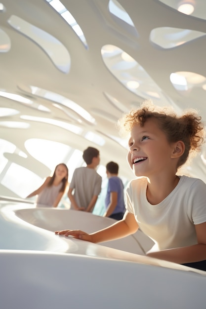 Foto gratuita niños en aula escolar futurista