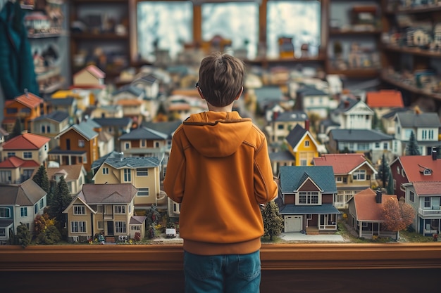 Niños buscando casas en miniatura