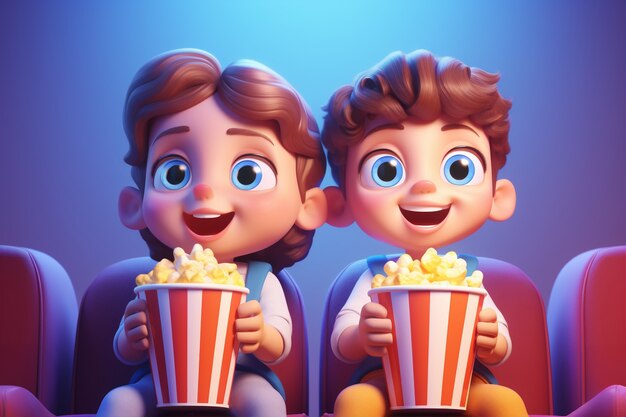 Niños en el cine viendo una película con palomitas de maíz