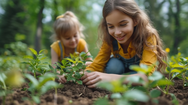 Niños cuidando y protegiendo a la Madre Tierra para el Día de la Tierra