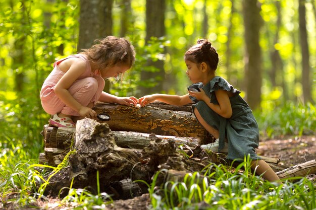 Niños curiosos que participan en una búsqueda del tesoro.