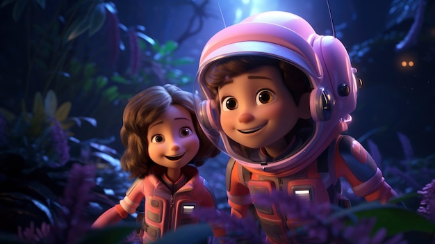 Niños de dibujos animados en 3D explorando la luna en el espacio