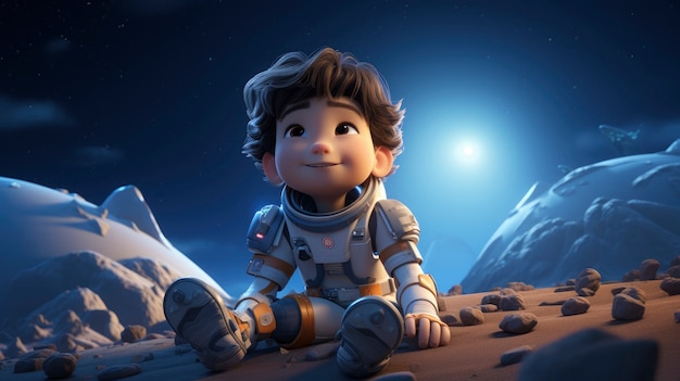Niños de dibujos animados en 3D explorando la luna en el espacio