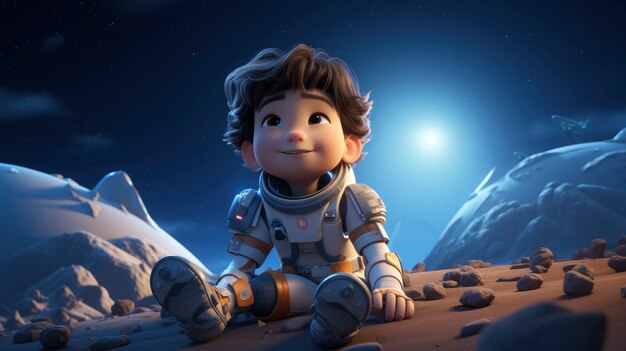 Niños de dibujos animados en 3D explorando la luna en el espacio
