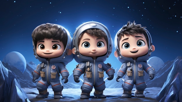 Niños de dibujos animados en 3D explorando la luna en el espacio