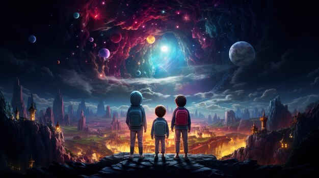 Niños de dibujos animados en 3D explorando la luna en el espacio