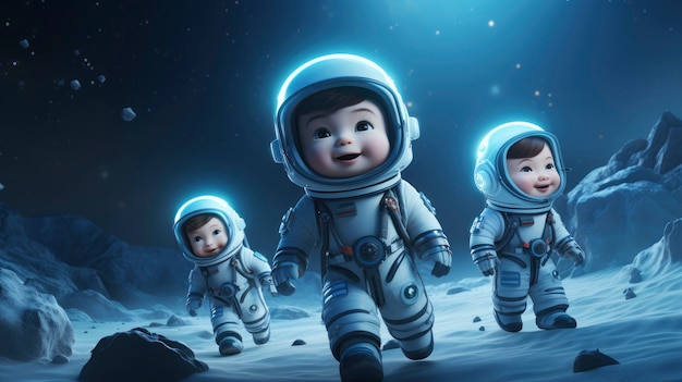 Niños de dibujos animados en 3D explorando la luna en el espacio