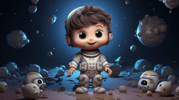 Niños de dibujos animados en 3D explorando la luna en el espacio