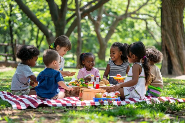 Niños disfrutando de un día de picnic.