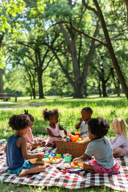 Niños disfrutando de un día de picnic.