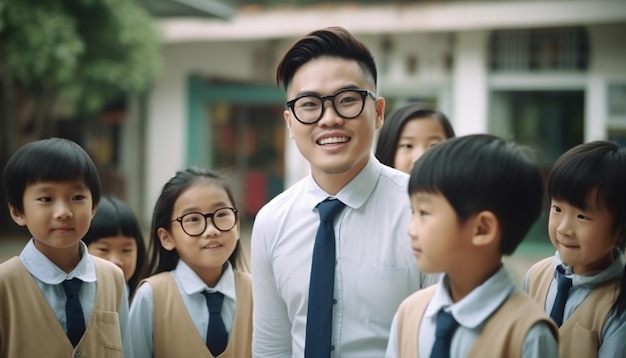 Niños en edad escolar sonrientes en Beijing posan felizmente generados por IA