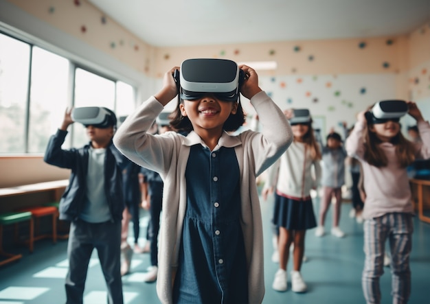 Niños con gafas vr en un aula escolar futurista abstracta