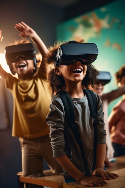 Foto gratuita niños con gafas vr en un aula escolar futurista abstracta