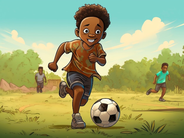 Niños jugando al fútbol en dibujos animados