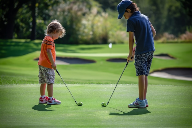 Niños jugando al golf en un entorno fotorrealista