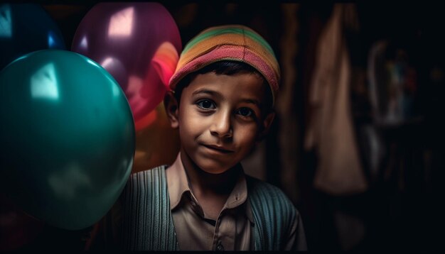 Niños lindos sonrientes sosteniendo globos con alegría generada por IA