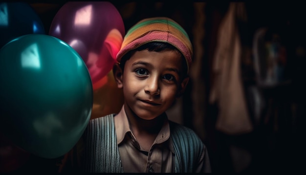 Niños lindos sonrientes sosteniendo globos con alegría generada por IA