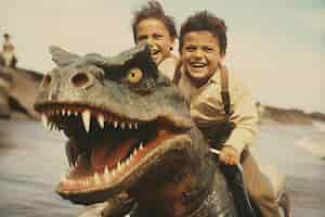 Foto gratuita niños montando un dinosaurio