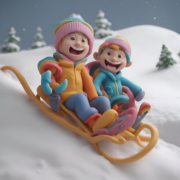 Foto gratuita niños montando un trineo en la ilustración 3d de invierno