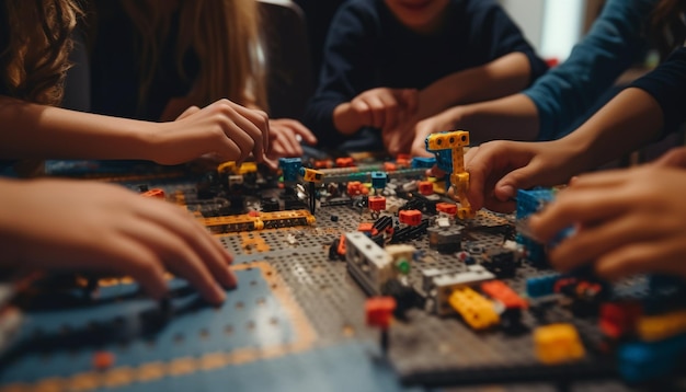 Niños y niñas jugando juntos con tecnología generada por IA