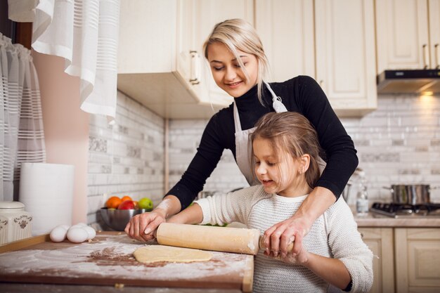 Niños, niño, hornada, madre, cocina