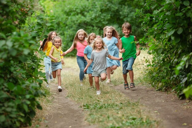 Niños, niños corriendo en prado verde
