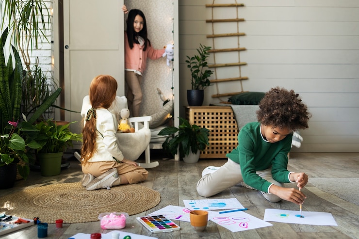 Foto gratuito niños pasando tiempo juntos en la comodidad de su hogar.
