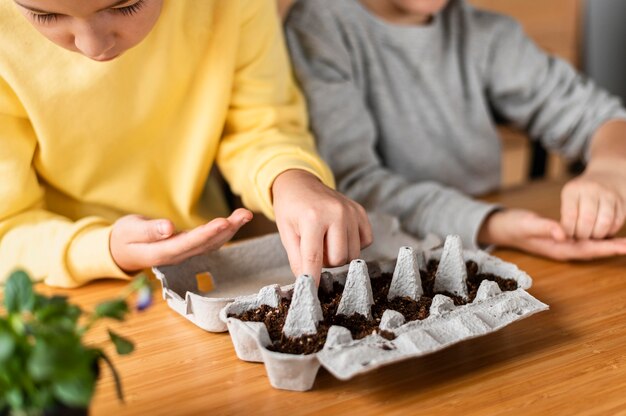 Niños pequeños en casa plantando semillas