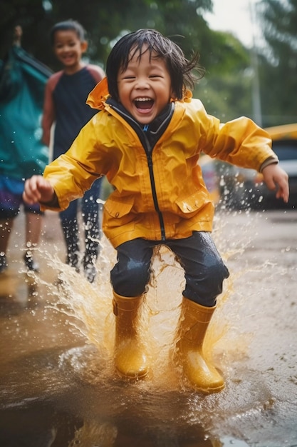 Niños pequeños disfrutando de la felicidad infantil jugando en el charco de agua después de la lluvia