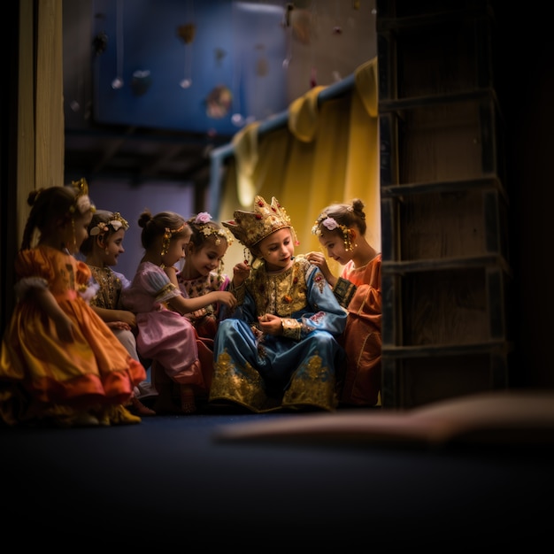 Niños pequeños ensayando una obra para actuar en el escenario del teatro