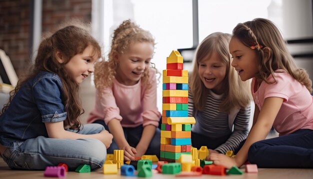 Niños pequeños sonriendo aprendiendo y jugando juntos en interiores generados por IA