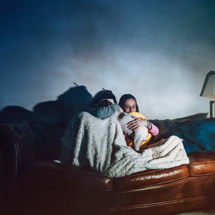 Foto gratuito niños con perro viendo horror