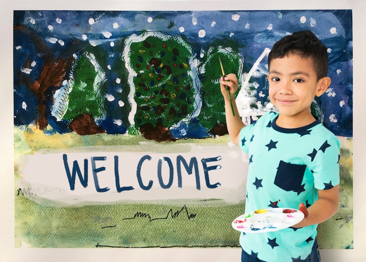 Foto gratuito niños pintando a casa dibujo de invierno